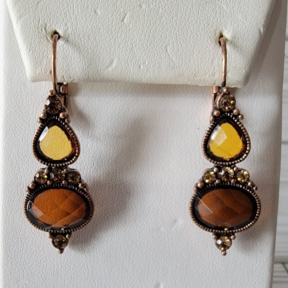 Vintage Amber Brown Glass Copper Tone Filigree Dangle Pierced Earrings